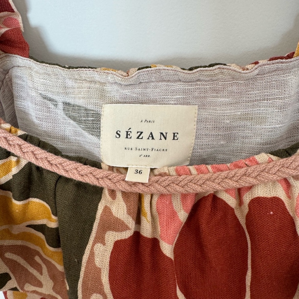 Sezane Fily Vicky Leaves Print linen blend Cotton ruffles mini Dress size 36 /4 - Picture 4 of 6